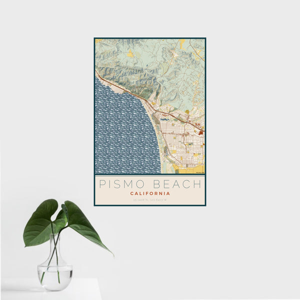 16x24 Pismo Beach California Map Print Portrait Orientation in Woodblock Style With Tropical Plant Leaves in Water