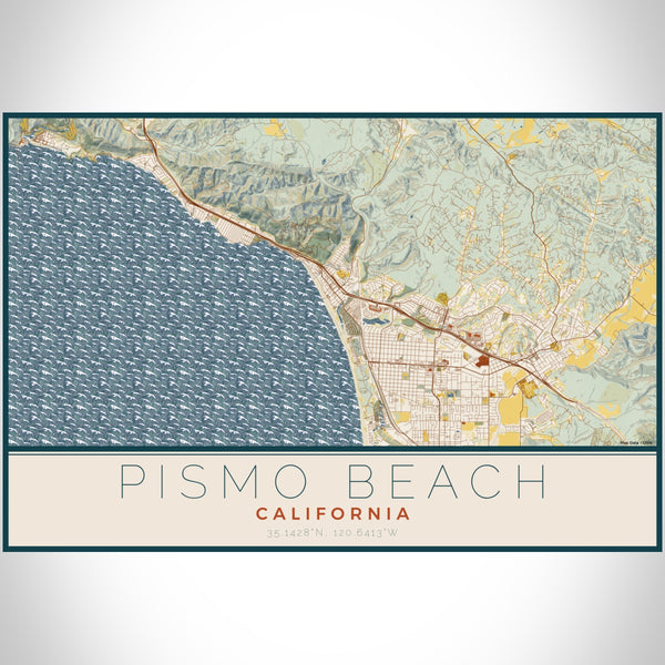 Pismo Beach California Map Print Landscape Orientation in Woodblock Style With Shaded Background