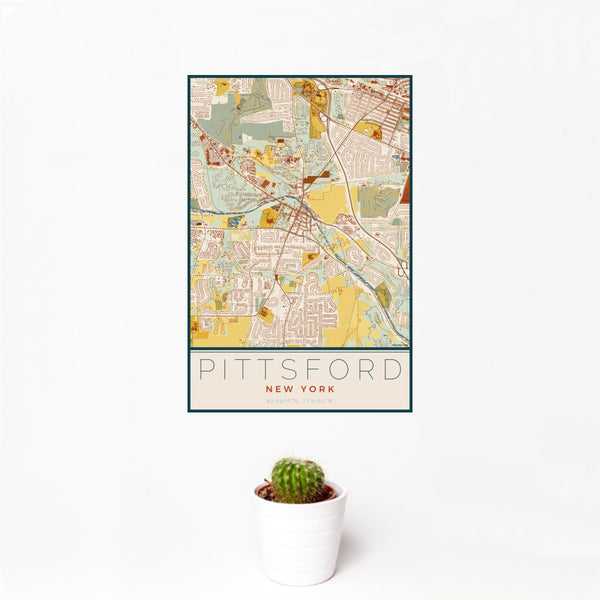 12x18 Pittsford New York Map Print Portrait Orientation in Woodblock Style With Small Cactus Plant in White Planter