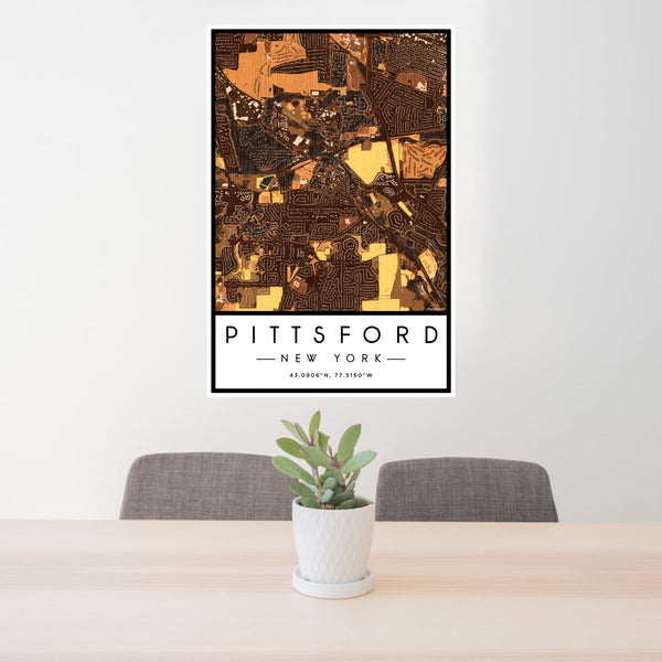 24x36 Pittsford New York Map Print Portrait Orientation in Ember Style Behind 2 Chairs Table and Potted Plant