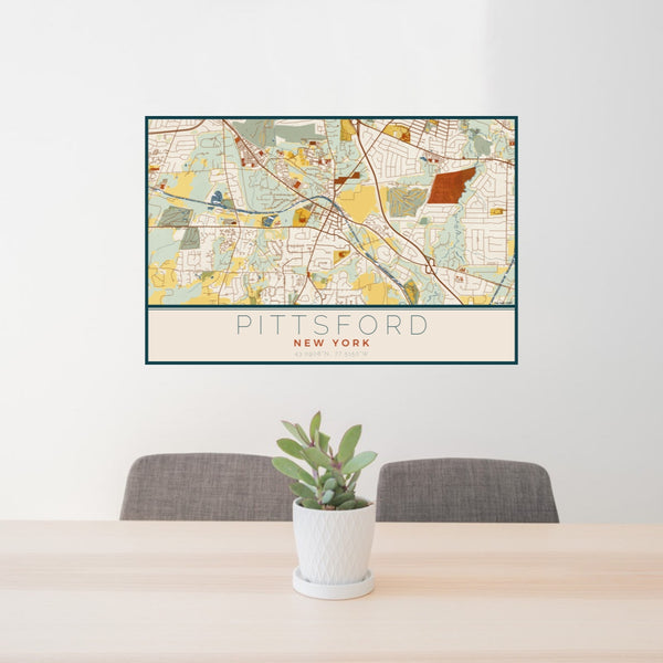 24x36 Pittsford New York Map Print Lanscape Orientation in Woodblock Style Behind 2 Chairs Table and Potted Plant