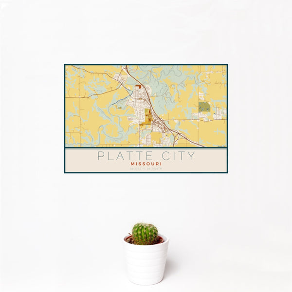 12x18 Platte City Missouri Map Print Landscape Orientation in Woodblock Style With Small Cactus Plant in White Planter