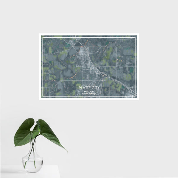 16x24 Platte City Missouri Map Print Landscape Orientation in Afternoon Style With Tropical Plant Leaves in Water