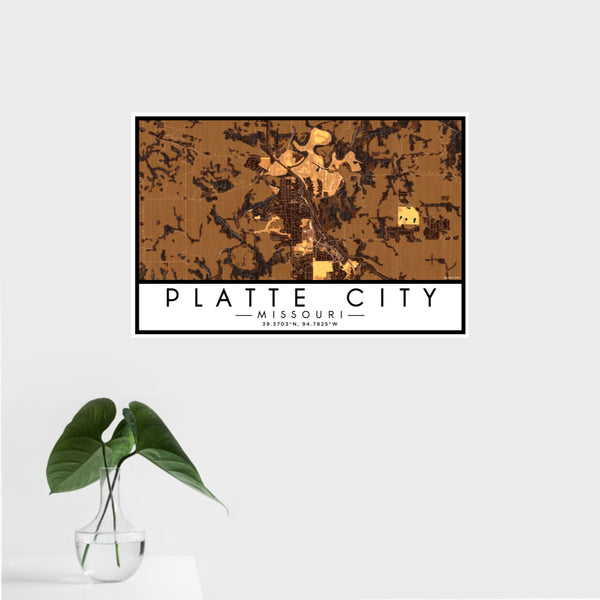 16x24 Platte City Missouri Map Print Landscape Orientation in Ember Style With Tropical Plant Leaves in Water