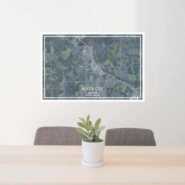 24x36 Platte City Missouri Map Print Lanscape Orientation in Afternoon Style Behind 2 Chairs Table and Potted Plant