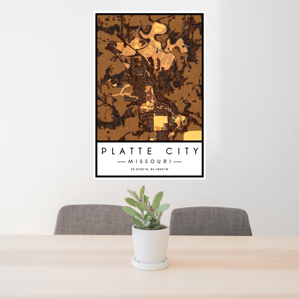 24x36 Platte City Missouri Map Print Portrait Orientation in Ember Style Behind 2 Chairs Table and Potted Plant