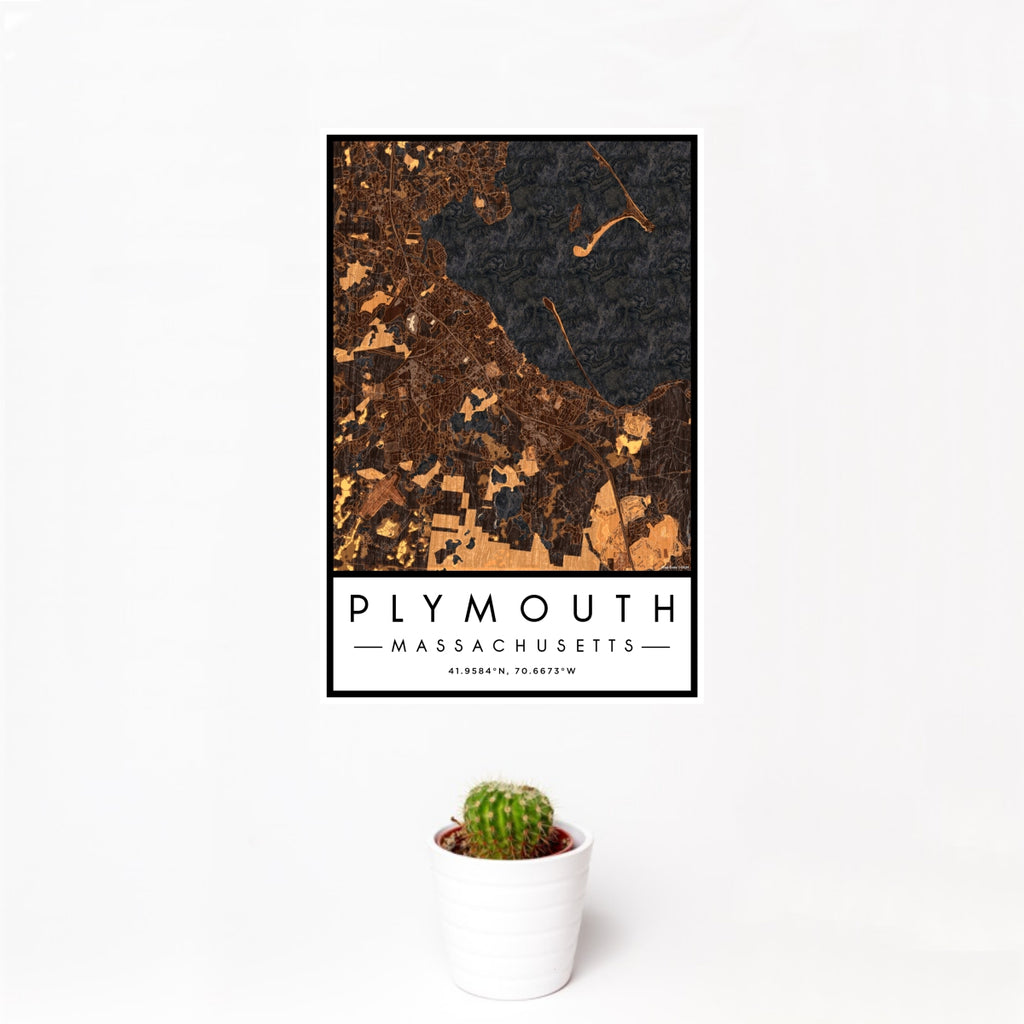 12x18 Plymouth Massachusetts Map Print Portrait Orientation in Ember Style With Small Cactus Plant in White Planter