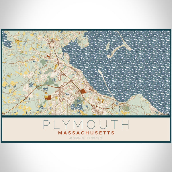 Plymouth Massachusetts Map Print Landscape Orientation in Woodblock Style With Shaded Background