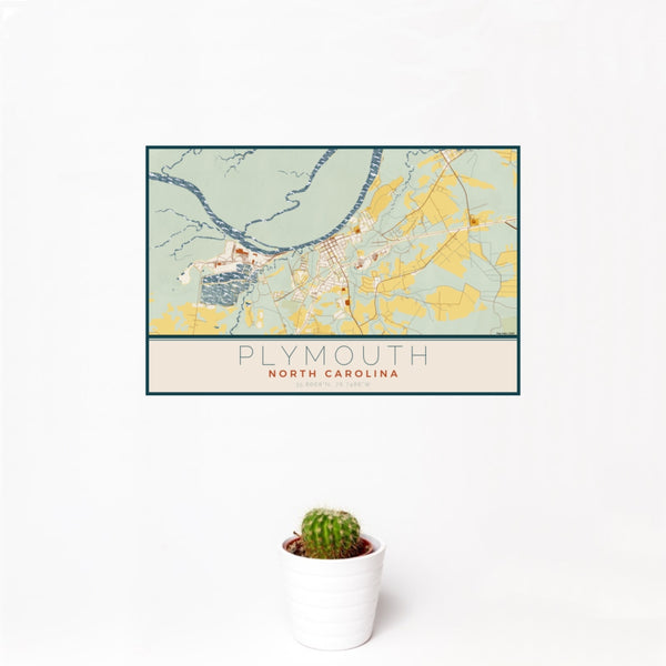 12x18 Plymouth North Carolina Map Print Landscape Orientation in Woodblock Style With Small Cactus Plant in White Planter