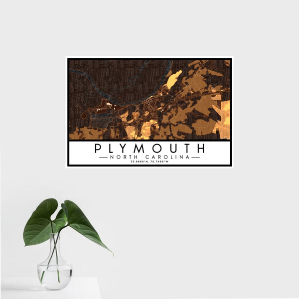 16x24 Plymouth North Carolina Map Print Landscape Orientation in Ember Style With Tropical Plant Leaves in Water
