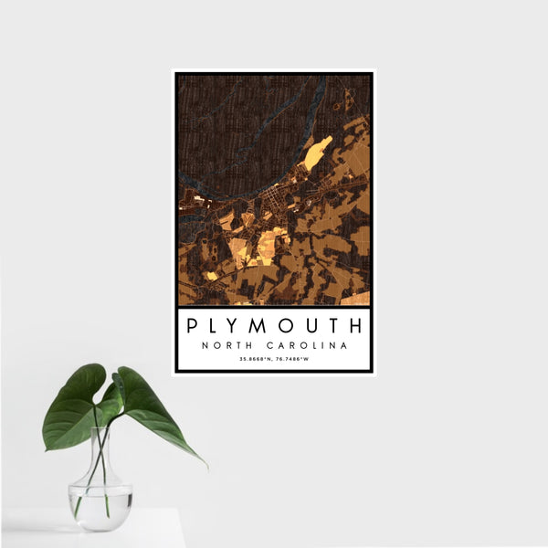 16x24 Plymouth North Carolina Map Print Portrait Orientation in Ember Style With Tropical Plant Leaves in Water