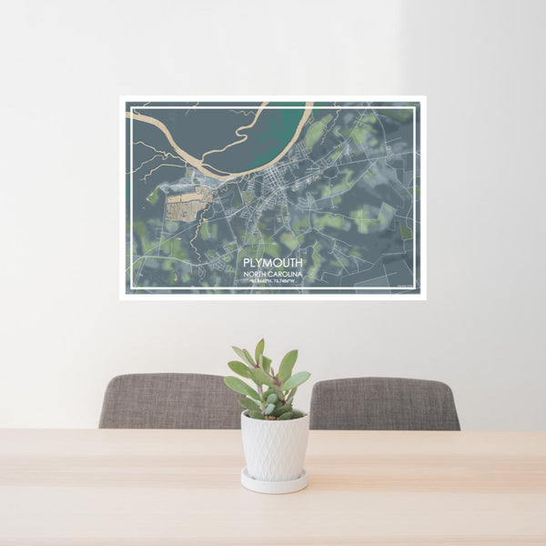 24x36 Plymouth North Carolina Map Print Lanscape Orientation in Afternoon Style Behind 2 Chairs Table and Potted Plant