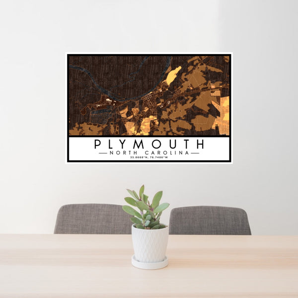 24x36 Plymouth North Carolina Map Print Lanscape Orientation in Ember Style Behind 2 Chairs Table and Potted Plant