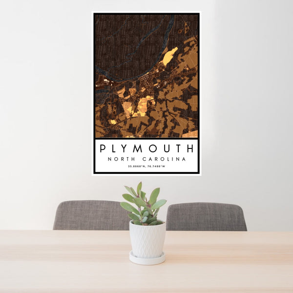 24x36 Plymouth North Carolina Map Print Portrait Orientation in Ember Style Behind 2 Chairs Table and Potted Plant