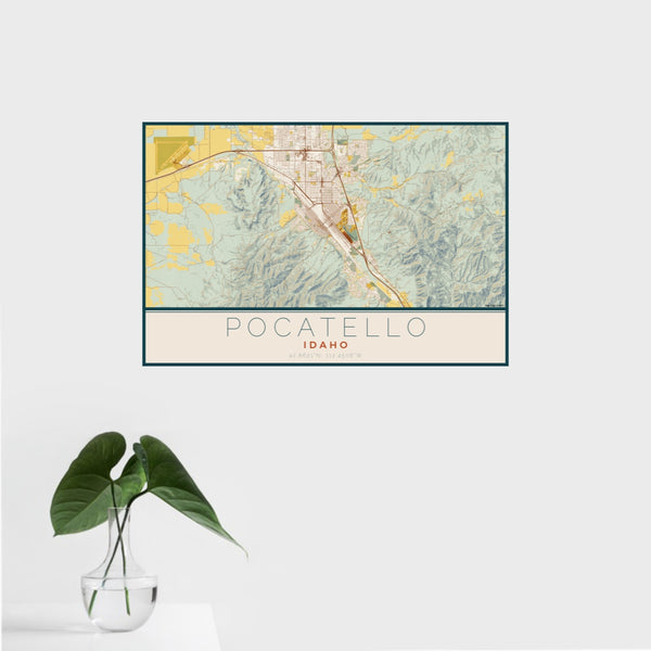 16x24 Pocatello Idaho Map Print Landscape Orientation in Woodblock Style With Tropical Plant Leaves in Water