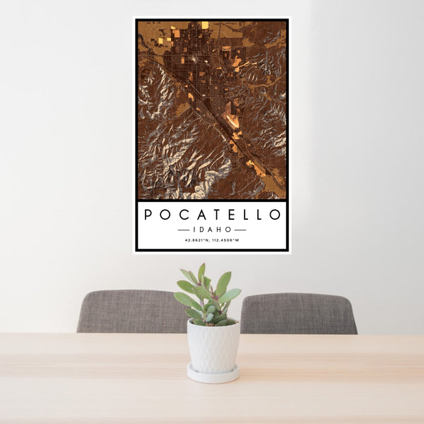 24x36 Pocatello Idaho Map Print Portrait Orientation in Ember Style Behind 2 Chairs Table and Potted Plant