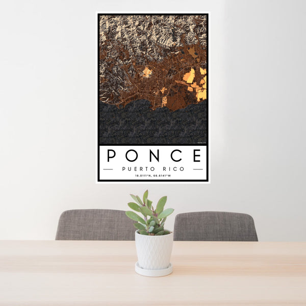 24x36 Ponce Puerto Rico Map Print Portrait Orientation in Ember Style Behind 2 Chairs Table and Potted Plant