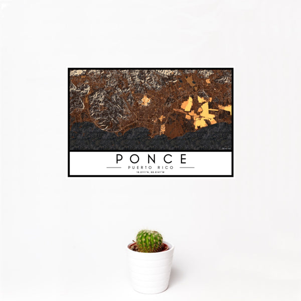 12x18 Ponce Puerto Rico Map Print Landscape Orientation in Ember Style With Small Cactus Plant in White Planter