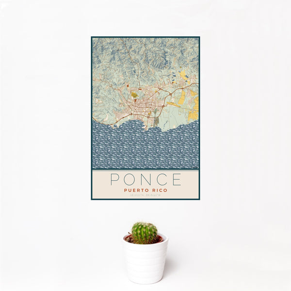 12x18 Ponce Puerto Rico Map Print Portrait Orientation in Woodblock Style With Small Cactus Plant in White Planter