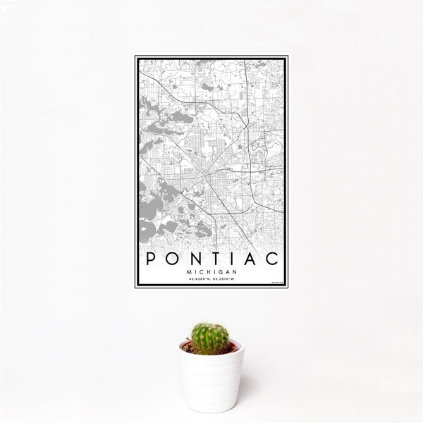12x18 Pontiac Michigan Map Print Portrait Orientation in Classic Style With Small Cactus Plant in White Planter