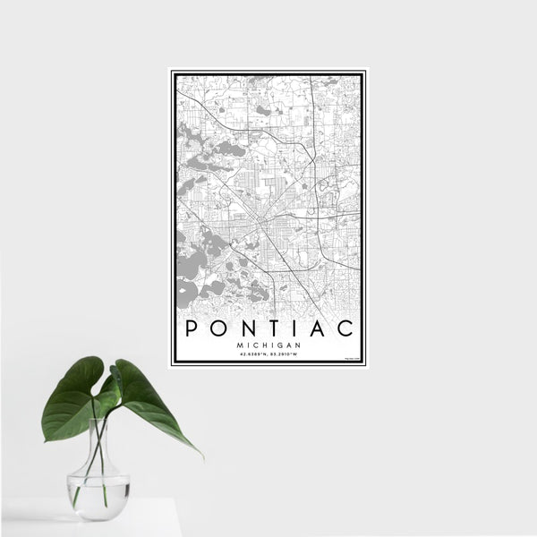16x24 Pontiac Michigan Map Print Portrait Orientation in Classic Style With Tropical Plant Leaves in Water