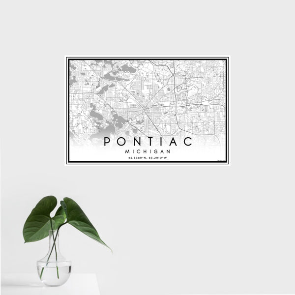 16x24 Pontiac Michigan Map Print Landscape Orientation in Classic Style With Tropical Plant Leaves in Water