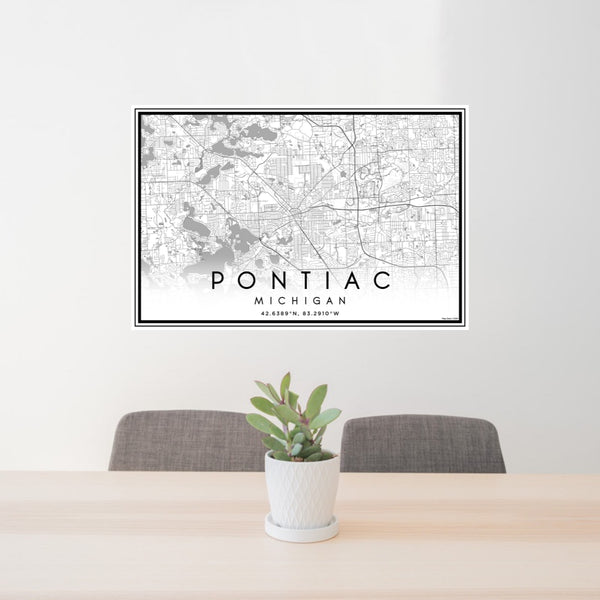 24x36 Pontiac Michigan Map Print Landscape Orientation in Classic Style Behind 2 Chairs Table and Potted Plant