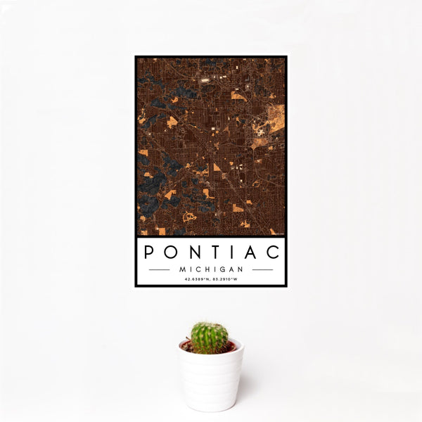 12x18 Pontiac Michigan Map Print Portrait Orientation in Ember Style With Small Cactus Plant in White Planter
