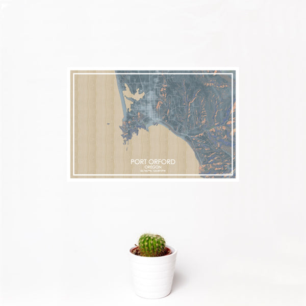 12x18 Port Orford Oregon Map Print Landscape Orientation in Afternoon Style With Small Cactus Plant in White Planter