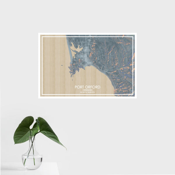 16x24 Port Orford Oregon Map Print Landscape Orientation in Afternoon Style With Tropical Plant Leaves in Water