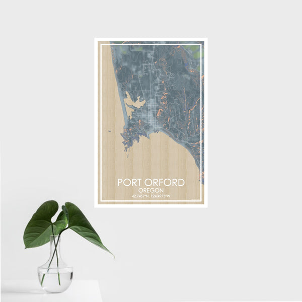 16x24 Port Orford Oregon Map Print Portrait Orientation in Afternoon Style With Tropical Plant Leaves in Water