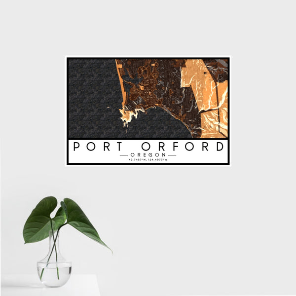16x24 Port Orford Oregon Map Print Landscape Orientation in Ember Style With Tropical Plant Leaves in Water