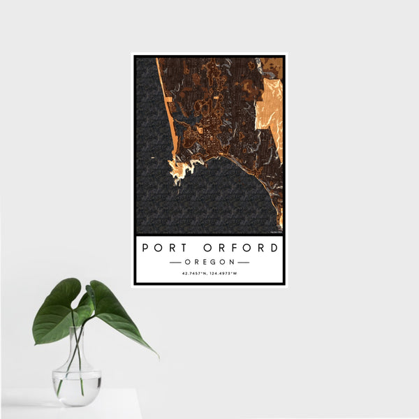 16x24 Port Orford Oregon Map Print Portrait Orientation in Ember Style With Tropical Plant Leaves in Water