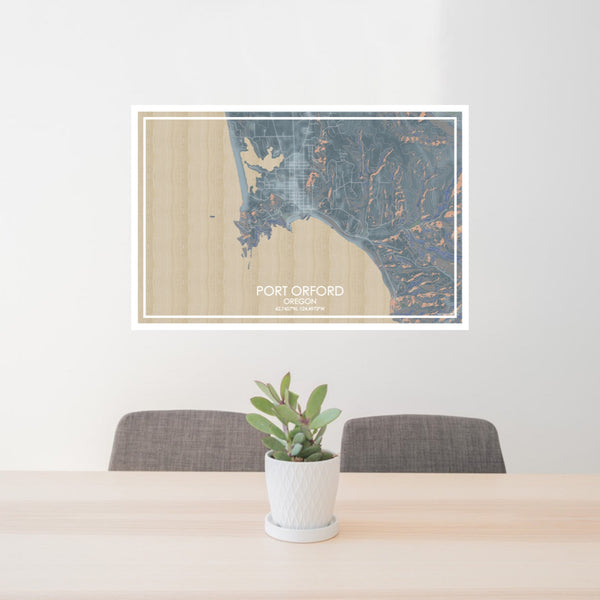 24x36 Port Orford Oregon Map Print Lanscape Orientation in Afternoon Style Behind 2 Chairs Table and Potted Plant
