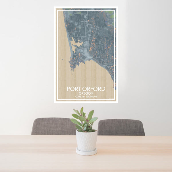 24x36 Port Orford Oregon Map Print Portrait Orientation in Afternoon Style Behind 2 Chairs Table and Potted Plant
