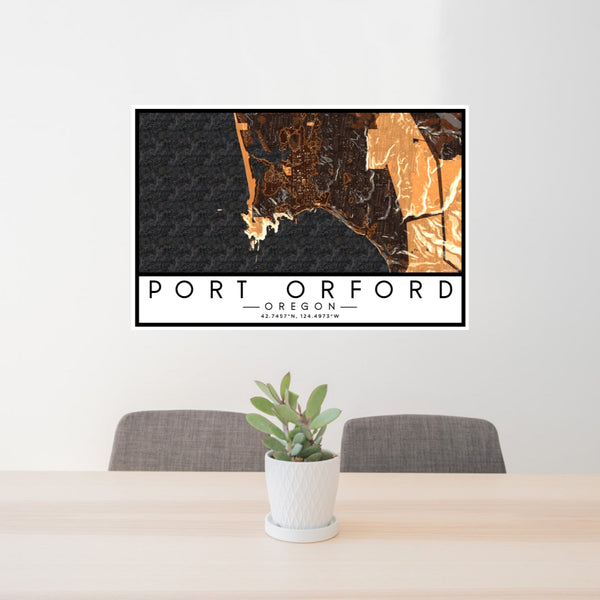 24x36 Port Orford Oregon Map Print Lanscape Orientation in Ember Style Behind 2 Chairs Table and Potted Plant