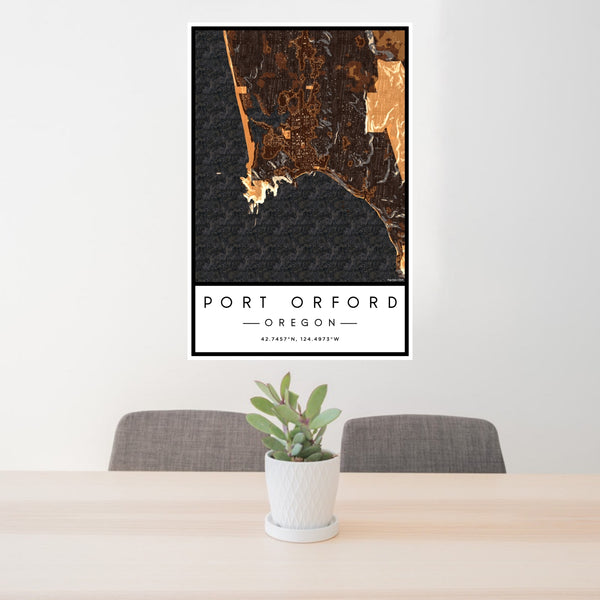 24x36 Port Orford Oregon Map Print Portrait Orientation in Ember Style Behind 2 Chairs Table and Potted Plant