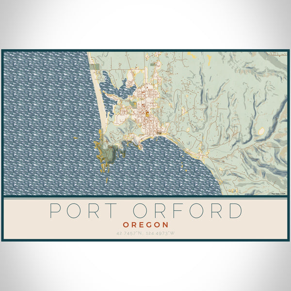 Port Orford Oregon Map Print Landscape Orientation in Woodblock Style With Shaded Background