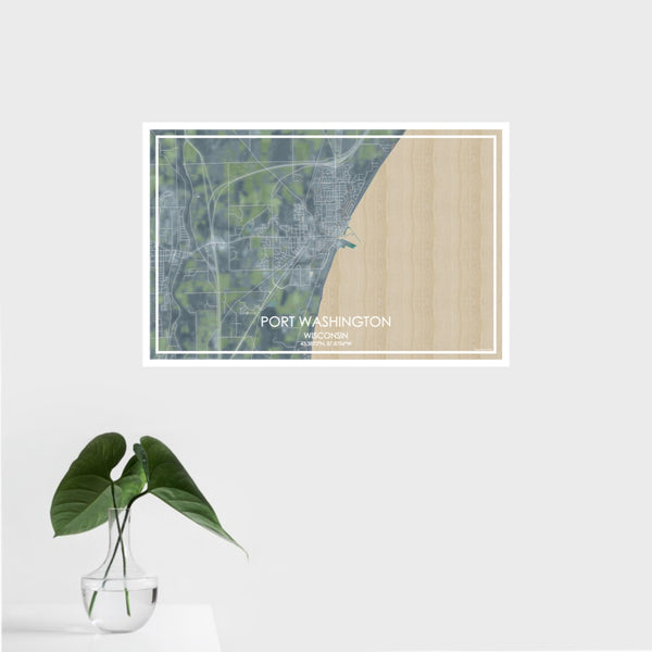 16x24 Port Washington Wisconsin Map Print Landscape Orientation in Afternoon Style With Tropical Plant Leaves in Water