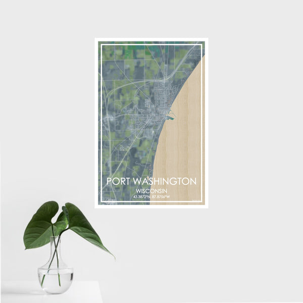 16x24 Port Washington Wisconsin Map Print Portrait Orientation in Afternoon Style With Tropical Plant Leaves in Water