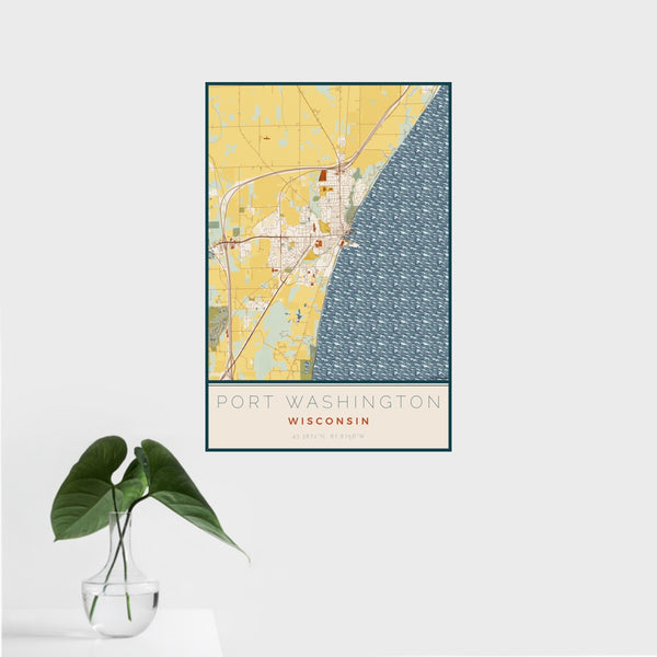 16x24 Port Washington Wisconsin Map Print Portrait Orientation in Woodblock Style With Tropical Plant Leaves in Water