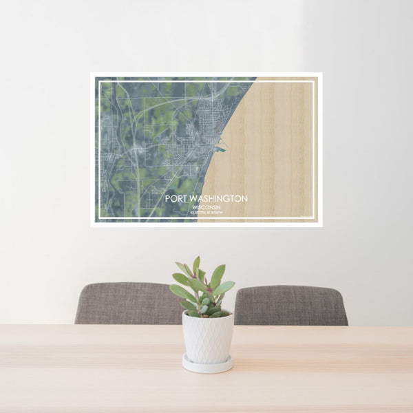24x36 Port Washington Wisconsin Map Print Lanscape Orientation in Afternoon Style Behind 2 Chairs Table and Potted Plant