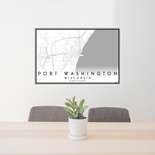 24x36 Port Washington Wisconsin Map Print Lanscape Orientation in Classic Style Behind 2 Chairs Table and Potted Plant