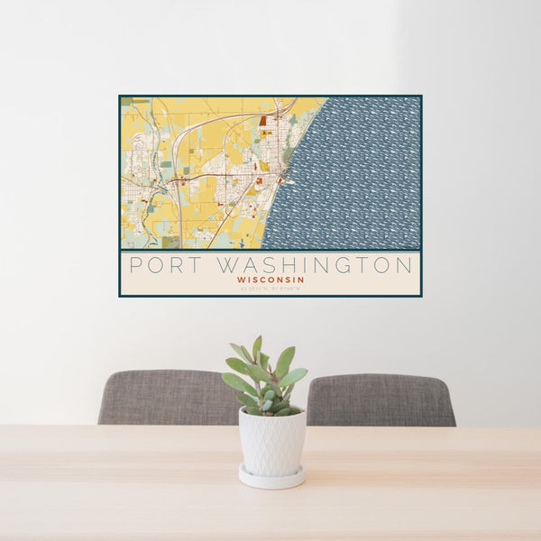 24x36 Port Washington Wisconsin Map Print Lanscape Orientation in Woodblock Style Behind 2 Chairs Table and Potted Plant
