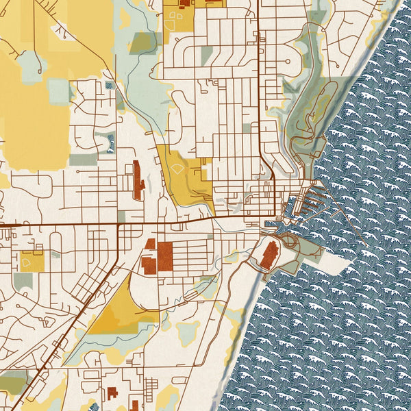Port Washington Wisconsin Map Print in Woodblock Style Zoomed In Close Up Showing Details