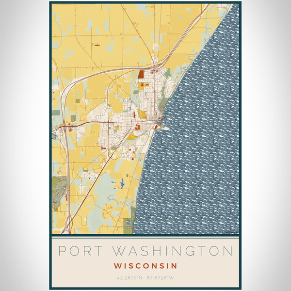 Port Washington Wisconsin Map Print Portrait Orientation in Woodblock Style With Shaded Background