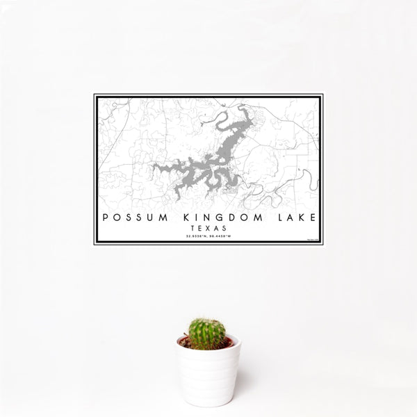 12x18 Possum Kingdom Lake Texas Map Print Landscape Orientation in Classic Style With Small Cactus Plant in White Planter