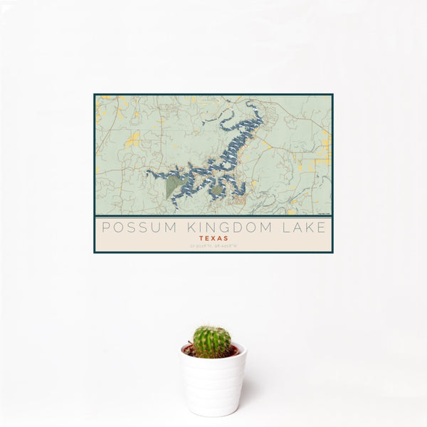 12x18 Possum Kingdom Lake Texas Map Print Landscape Orientation in Woodblock Style With Small Cactus Plant in White Planter