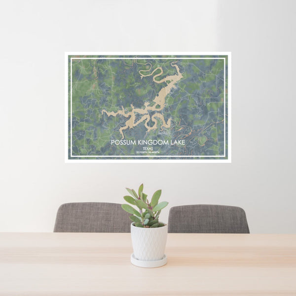 24x36 Possum Kingdom Lake Texas Map Print Lanscape Orientation in Afternoon Style Behind 2 Chairs Table and Potted Plant