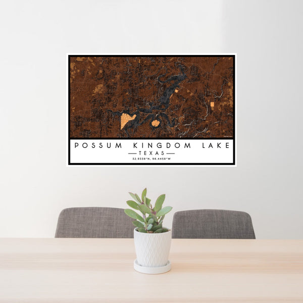 24x36 Possum Kingdom Lake Texas Map Print Lanscape Orientation in Ember Style Behind 2 Chairs Table and Potted Plant